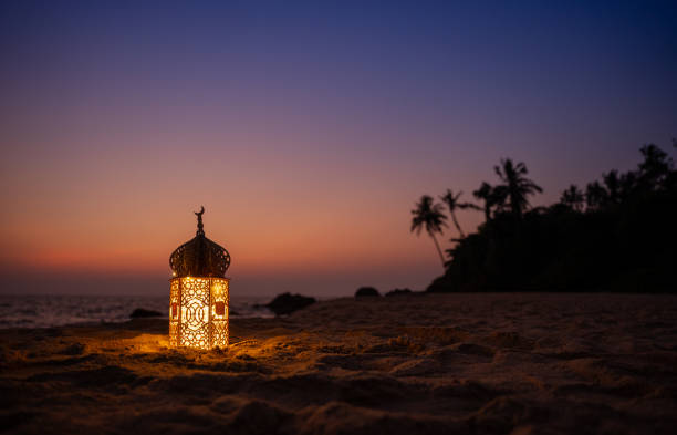 New Eid Mubarak background design, Ramadan Lantern Lamp with sunset sky,