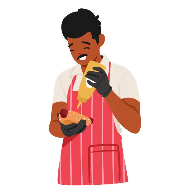 Vector illustration of Energetic Salesman Character Expertly Crafts Hot Dogs, Generously Squeezing Golden Mustard. His Sizzling Creations