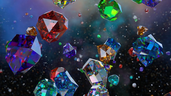 A mesmerizing array of floating multicolored gemstones illuminates against a dark, bokeh-filled background, each crystal reflecting and refracting a spectrum of vivid colors 3d illustration
