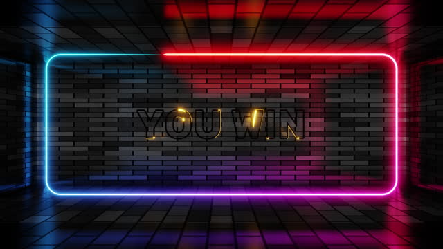 Neon sign you win in speech bubble frame on brick wall background 3d render. Light banner on the wall background. You win loop congratulation, design template, night neon signboard