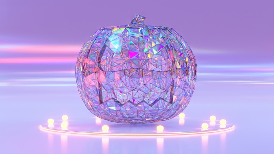 A shimmering crystalline pumpkin illuminated by soft lights against a pastel backdrop. 3d illustration