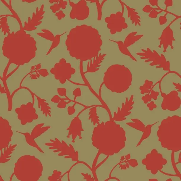 Vector illustration of Pale Carmine flower and hummingbird silhouettes on olive green background. Large scale seamless pattern.