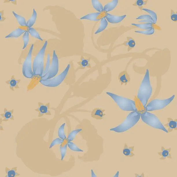 Vector illustration of Deadly nightshade or belladonna floral pattern. Pastel blue flowers on beige  background. Half-drop delicate composition.