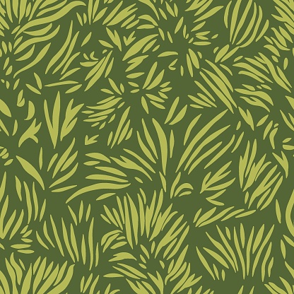 Organic grass shape on dark green background. Hand drawn seamless pattern. For textile, wallpaper, packaging, DIY projects.