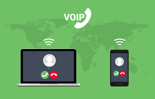 Voip call system voice phone technology. Voice over ip internet video telephony data cloud laptop and mobile cellphone.