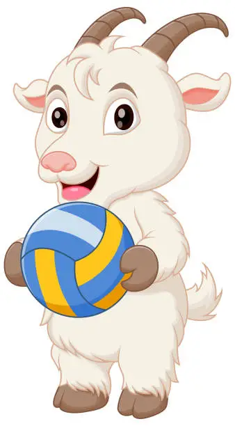 Vector illustration of Cute Goat Cartoon Holding Volleyball Vector Illustration. Animal Nature Icon Concept Isolated Premium Vector