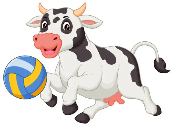 Vector illustration of Cute Cow Cartoon Playing Volleyball Vector Illustration. Animal Nature Icon Concept Isolated Premium Vector