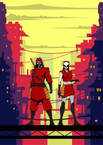 Vector illustration of Vector Cyberpunk Ninja Couple in a Futuristic Slum City Area Stock Illustration