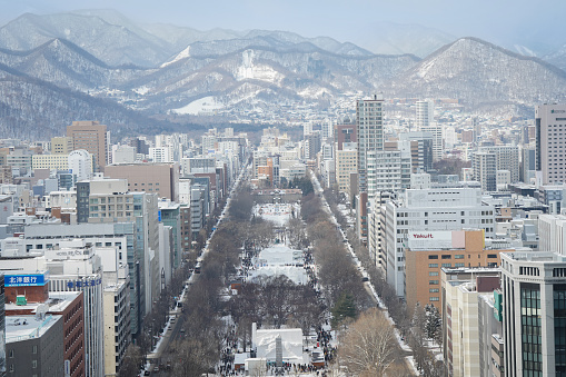 top view of odori park city view Sapporo snow festival From TV tower observation deck winter season