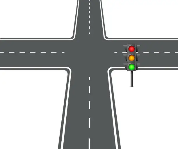 Vector illustration of Crossroads view flat intersection trafficlight vector illustration