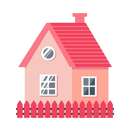 House with pink walls and red roof. Red fence. Vector illustration