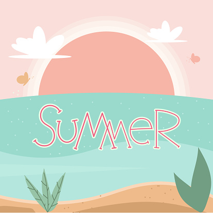 Summer.Summer background with an inscription, view of the beach with the sea and the setting sun. Vector illustration in flat style.