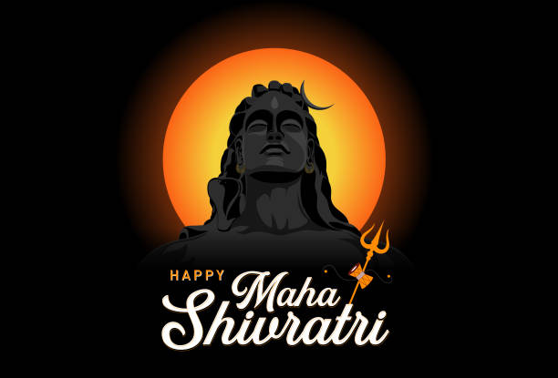 ilustrações, clipart, desenhos animados e ícones de feliz maha shivrati o festival hindu com o vetor do senhor shiva conceito, modelo, banner, logo design, ícone, cartaz, unidade, rótulo, web, símbolo, sinal, mnemonic. shankar, adiyogi, trishul, damaru - trishula