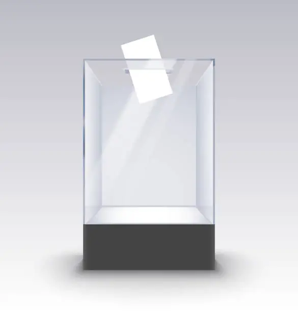 Vector illustration of Transparent glass box ballot vote election. Empty container paper on standm voting box poll