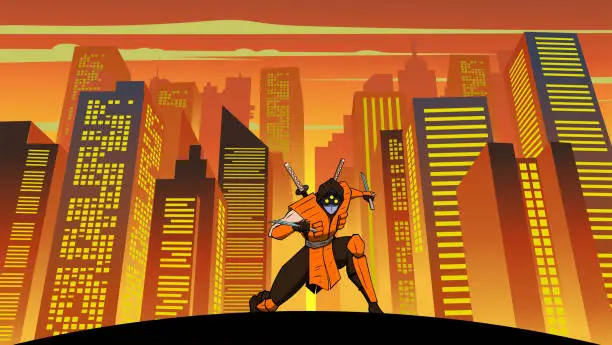 Vector illustration of Vector Anime Ninja in a Cyberpunk City Setting Vector Illustration