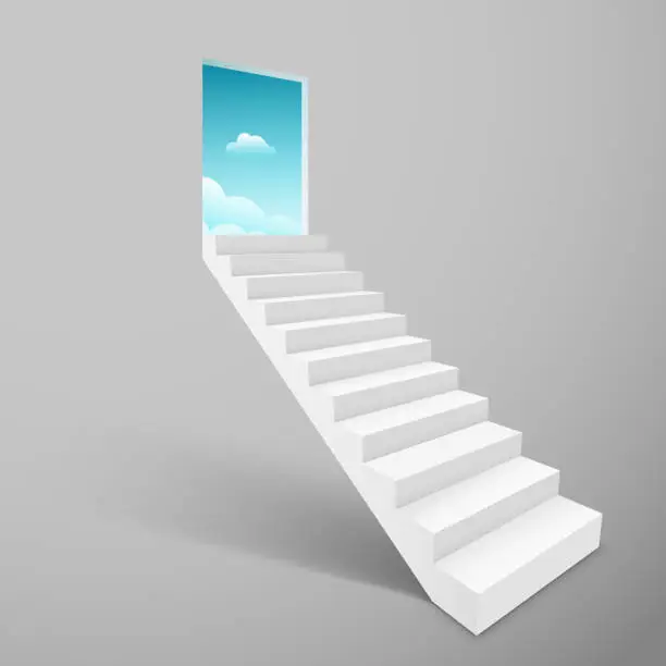 Vector illustration of Stairway with open door heaven, ladder staircase to sky concept