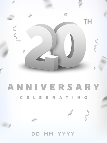 20 years silver number anniversary celebration event. Anniversary banner ceremony design for 20 age.