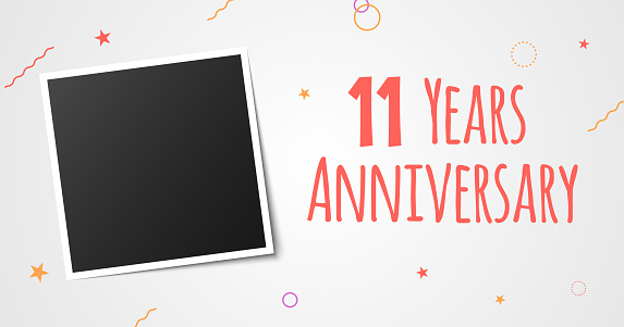 11 years anniversary photo frame card. 11th year anniversary vector elegant template design.