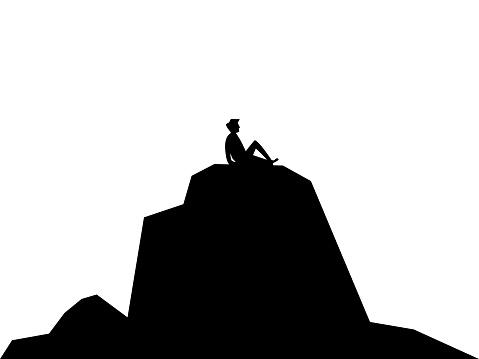 Freedom. The silhouette of a person relaxing on a mountaintop vector