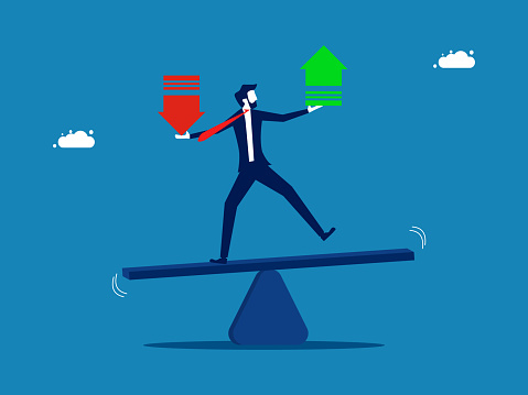 Volatility, losses and profits. Businessman balancing on seesaw holding up arrows and down arrows vector