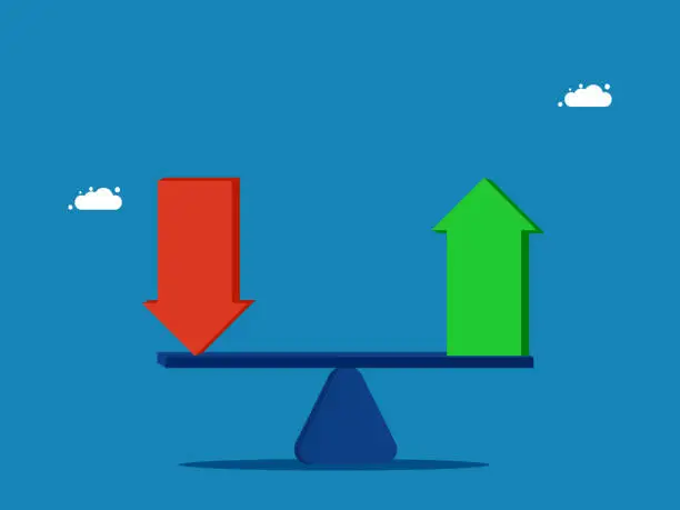 Vector illustration of Profit or loss from stocks. Balancing on seesaw, up arrow and down arrow