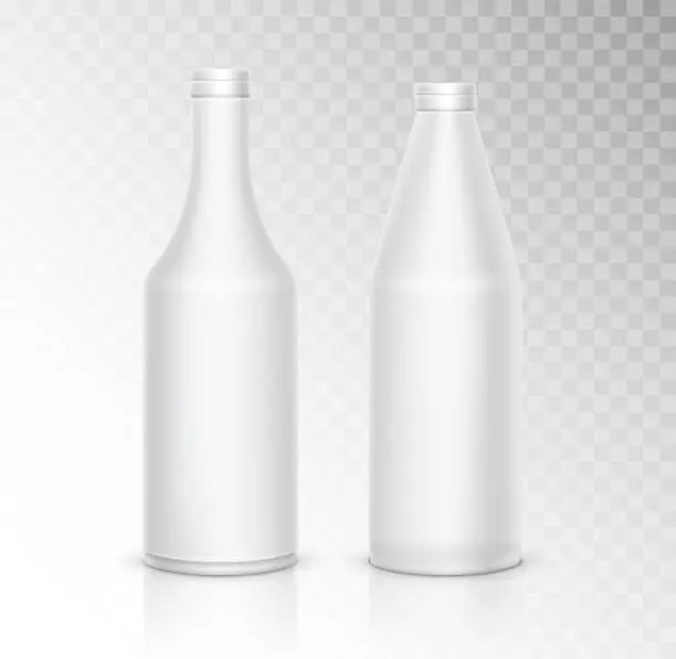 Vector illustration of 3d mock up white plastic bottle package on transparent. Vector blank clean container design