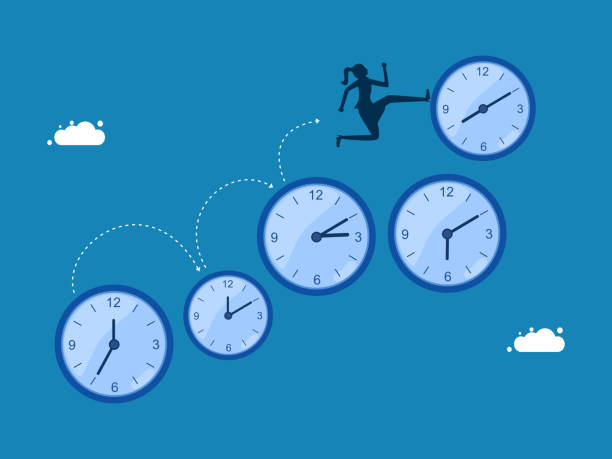 istock Manage time quickly. Businesswoman running on a group of clocks telling time 2036763697