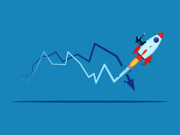 Vector illustration of Out of crisis. Businesswoman flies in rocket crashing into crisis graph