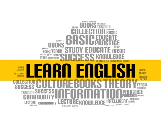 Vector illustration of Learn english word cloud course. Education language school online lesson foreign language