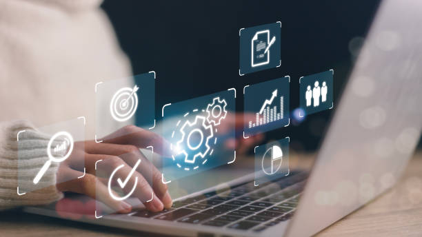 istock Business process management concept. Women touch on virtual innovation Operations management gear icons, High-quality control, Problem-solving, workflow, monitoring, and innovation. 2036848386