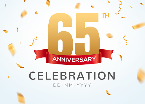 65 Anniversary gold numbers with golden confetti. Celebration 65th anniversary event party template.
