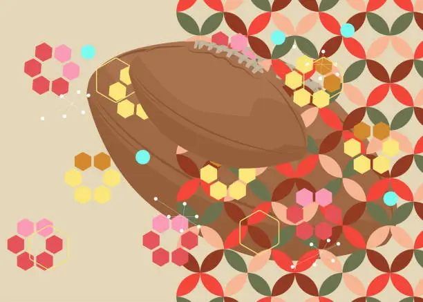 Vector illustration of Retro 70s Background with American Football Ball. Groovy Sport 1970s art template. Minimalistic Vintage design poster. Old-fashioned color artwork.