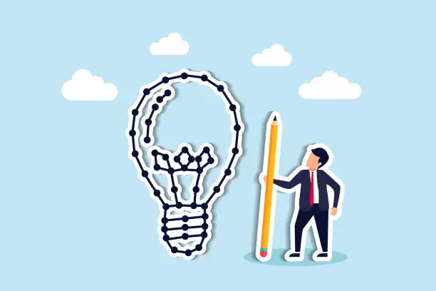 Vector illustration of Connecting dots: solving puzzles, innovating business ideas with creativity, challenging thinking processes concept, businessman holding pencil connecting dot puzzle as new lightbulb idea.