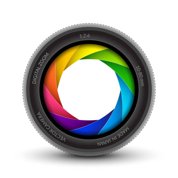 ilustraciones, imágenes clip art, dibujos animados e iconos de stock de camera shutter photography icon aperture. focus vector colorful lens zoom digital design - white background red green studio shot