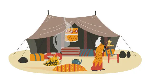 Vector illustration of Bedouin camp and woman carries tray with dishes flat style
