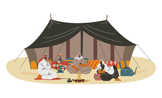 Bedouins sitting in the desert near their tent camp, flat vector illustration isolated on white background. Ethnic life of the Bedouins nomadic Arab group.
