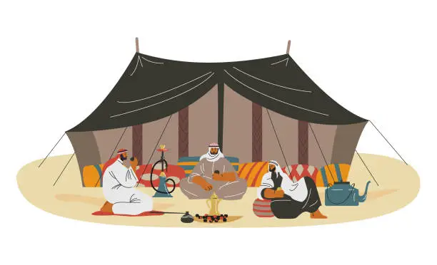 Vector illustration of Bedouins sitting in the desert near their tent camp, flat vector illustration.