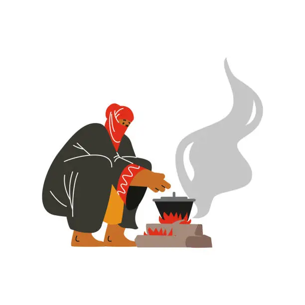 Vector illustration of Bedouin in traditional Arabian clothes cooking food over fire
