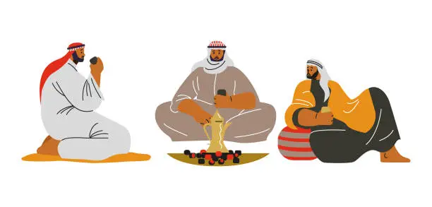 Vector illustration of Desert nomadic Bedouins sitting near fire, flat vector illustration isolated.