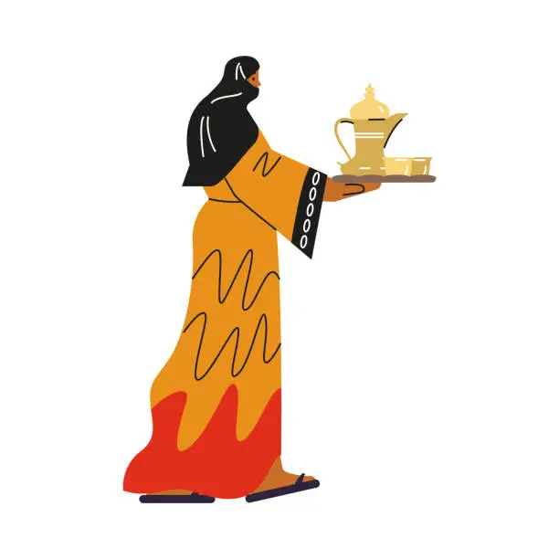 Vector illustration of Bedouin woman with black scarf on head carries tray with dishes