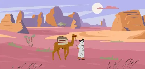 Vector illustration of Bedouin walks with camel in desert landscape flat style