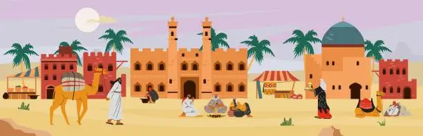 Vector illustration of Desert city with Bedouins citizens and buildings, flat vector illustration.