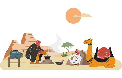 Bedouins resting with camel on a hot summer sunset in the desert. Cartoon nomad in traditional Arab clothing cooks over the campfire. Vector illustration of kitchen utensils caldron and kettle in wild