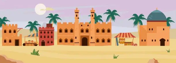 Vector illustration of Arabic desert cityscape with traditional mud brick buildings and palm trees, ancient architecture vector illustration