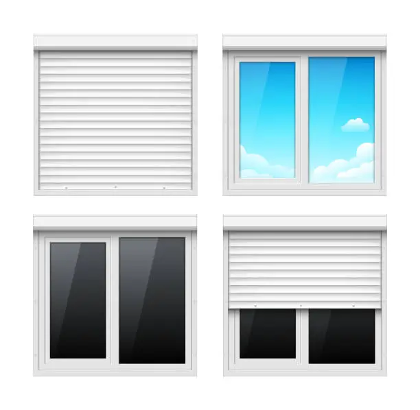 Vector illustration of Window shutter blind metal roller jalousie office roll background. Window shutter isolated blind vector door store office design.