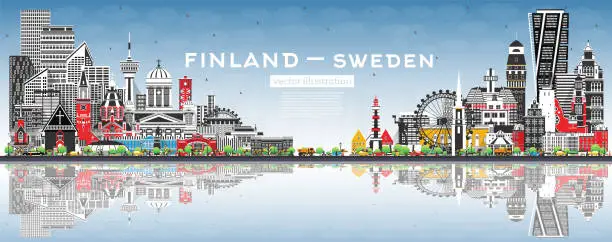 Vector illustration of Finland and Sweden skyline with gray buildings, blue sky and reflections. Famous landmarks. Sweden and Finland concept. Diplomatic relations between countries.
