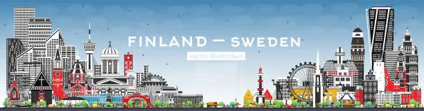 Vector illustration of Finland and Sweden skyline with gray buildings and blue sky. Famous landmarks. Sweden and Finland concept. Diplomatic relations between countries.