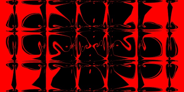 Many square shaped mosaic tiles of clear ice distorting bright red geometric pattern on a black background