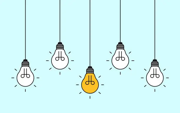 Vector illustration of Hanging light bulbs with one glowing on blue background. Concept of idea