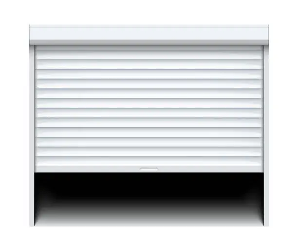 Vector illustration of Rolling shutter door. Roller garage metal gate. Electric roll white window background shutter